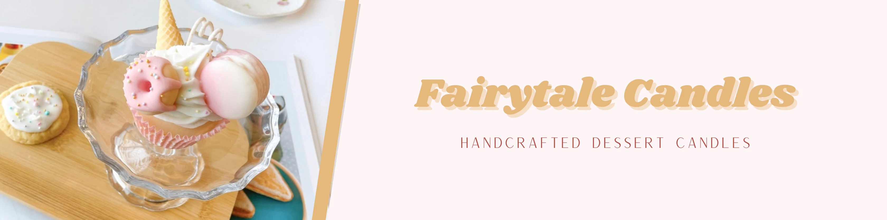 Handcrafted dessert candles displayed on a glass plate with 'Fairytale Candles' branding.